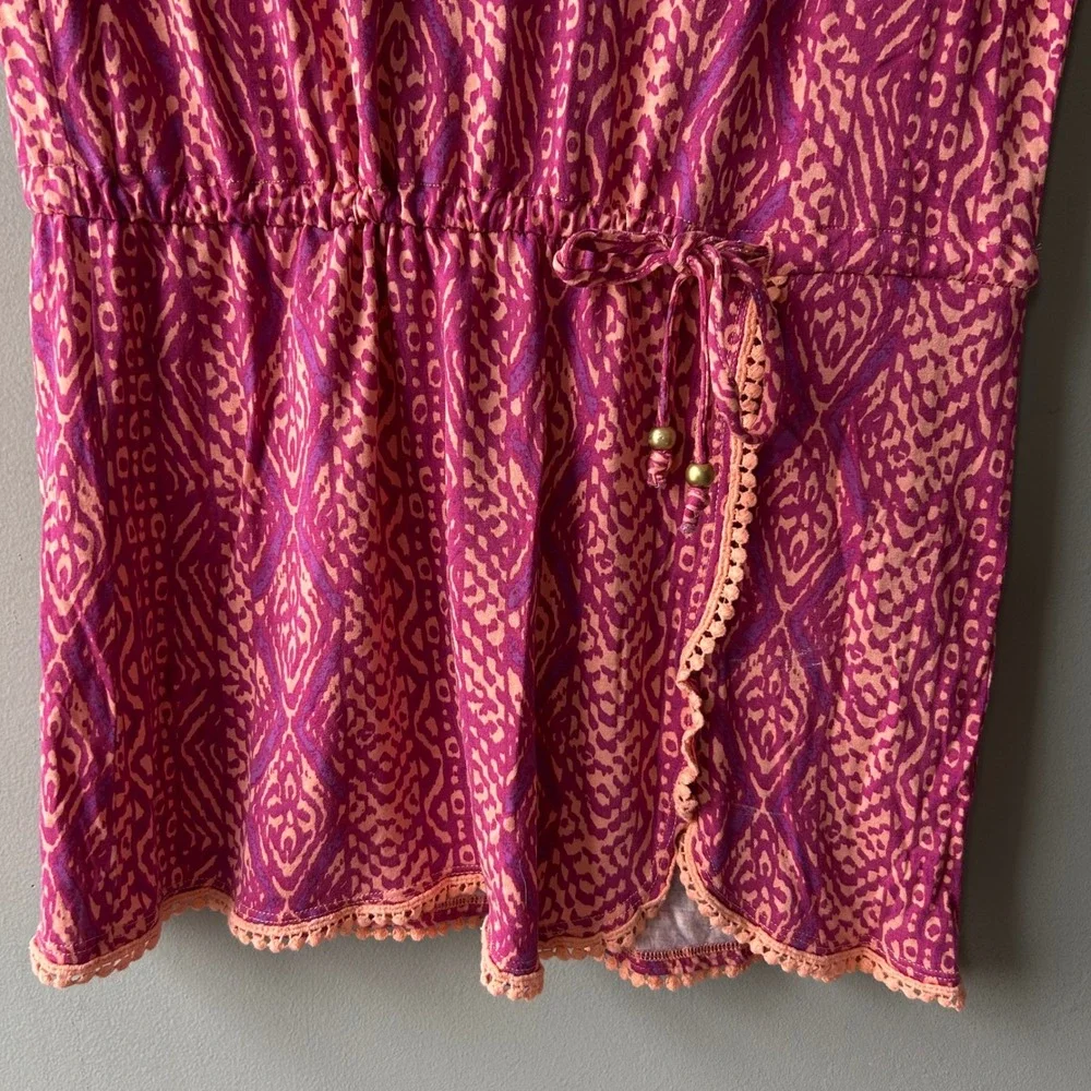 LASCANA Pink Orange Ikat Print Beach Cover Up‎ Dress Tunic Keyhole Tie Waist